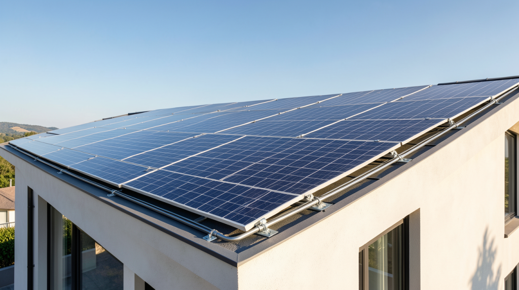 prix de l'installation de panneaux solaires sur le toit d'une maison moderne avec ciel dégagé en arrière-plan