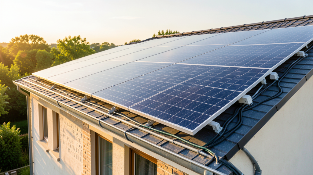 prix installation panneaux solaires photovoltaïques sur le toit d'une maison moderne avec une lumière naturelle du matin