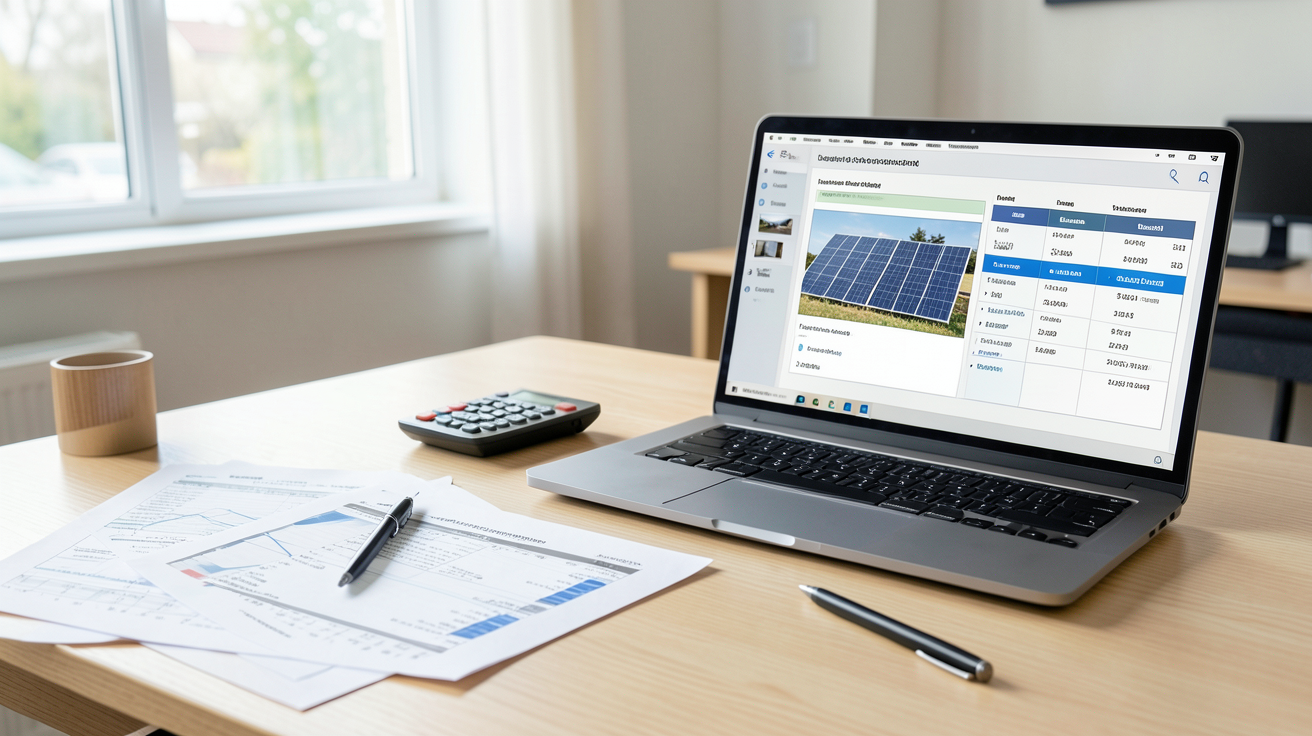 prix d'une installation de panneaux solaires thermiques avec décomposition détaillée des coûts sur un bureau professionnel