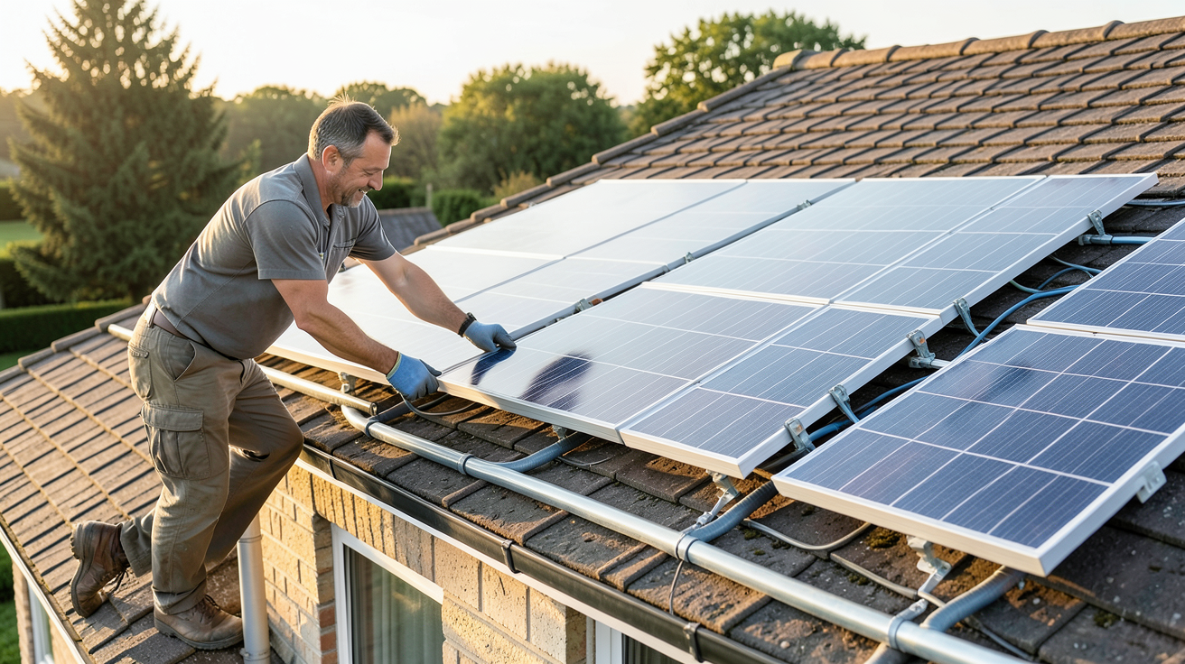 prix d'une installation de panneaux solaires thermiques : professionnel installant des capteurs solaires thermiques sur un toit