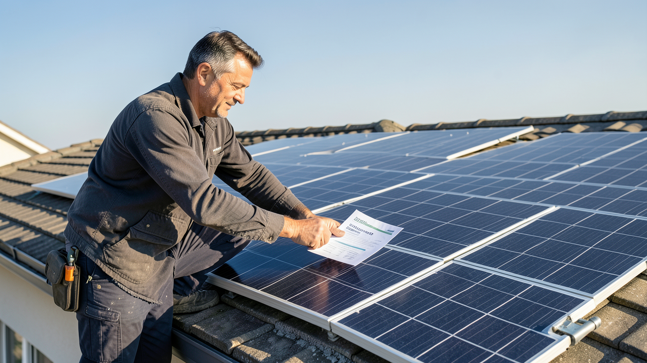 prix installation panneaux solaires thermiques subventions 2025 technicien installant des panneaux solaires thermiques sur un toit avec document de subvention