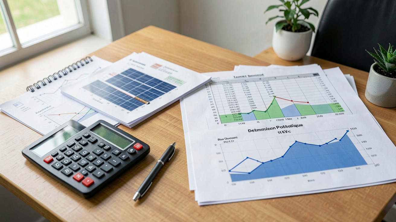 prix installation photovoltaïque 10kw décomposition des coûts sur un bureau professionnel avec documents financiers
