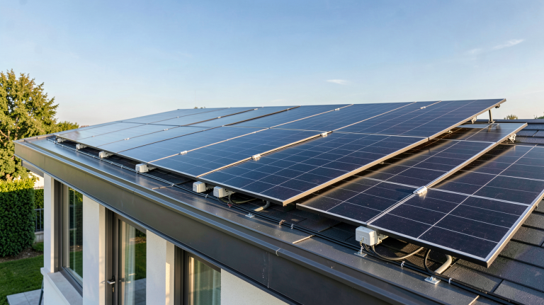 prix installation photovoltaïque 10kw sur le toit d'une maison moderne avec panneaux solaires noirs