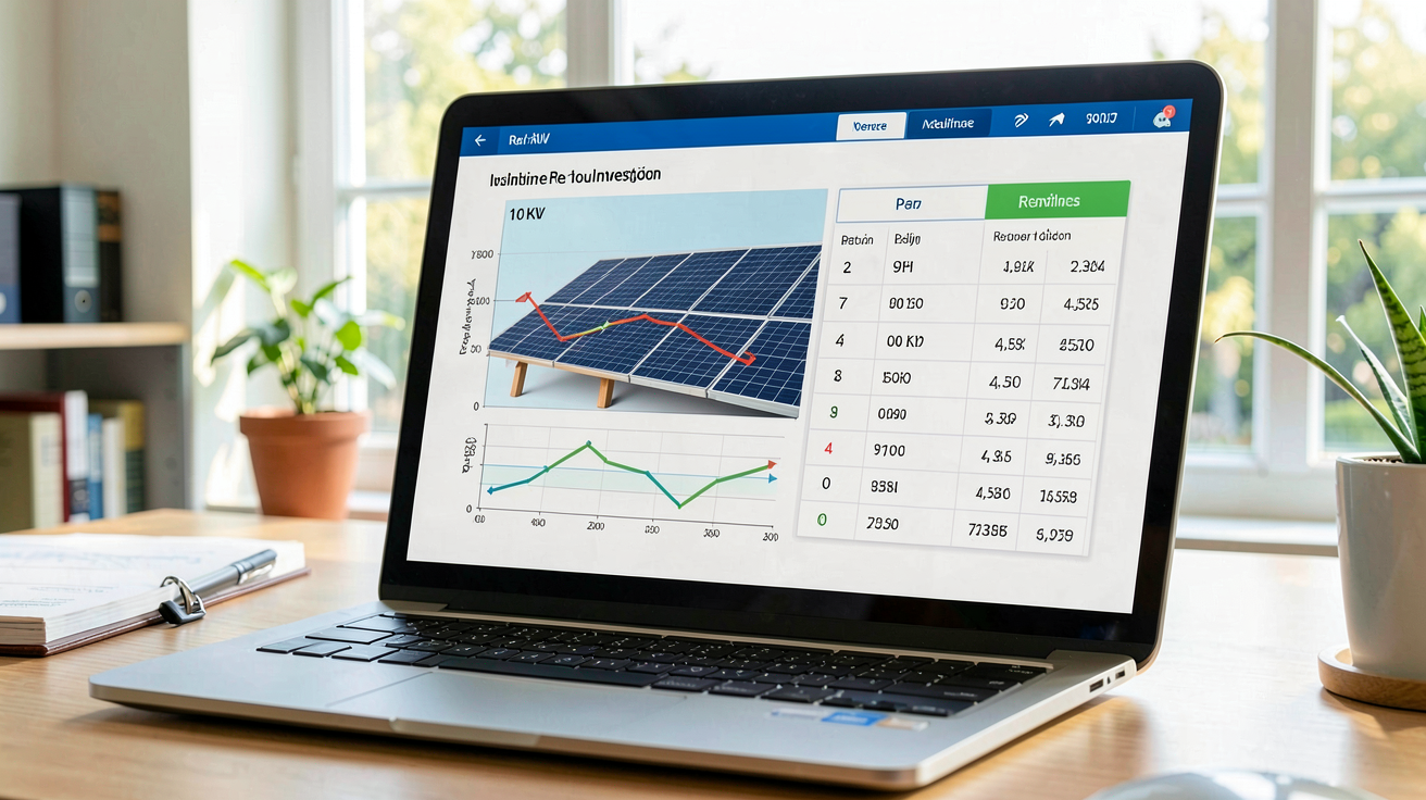 prix installation photovoltaïque 10kw : simulation de rentabilité et temps de retour sur investissement (ROI) affichée sur un écran d'ordinateur