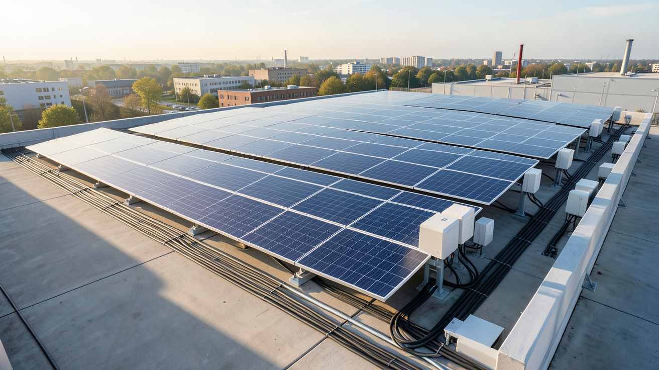 prix installation photovoltaïque 36 kWc en 2025 sur toit d'entreprise industrielle avec panneaux solaires modernes