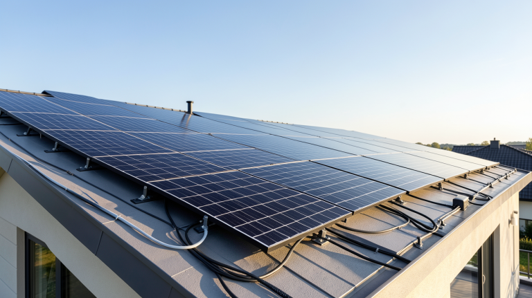 prix installation photovoltaïque 36 kWc sur le toit d'une maison moderne avec panneaux solaires noirs
