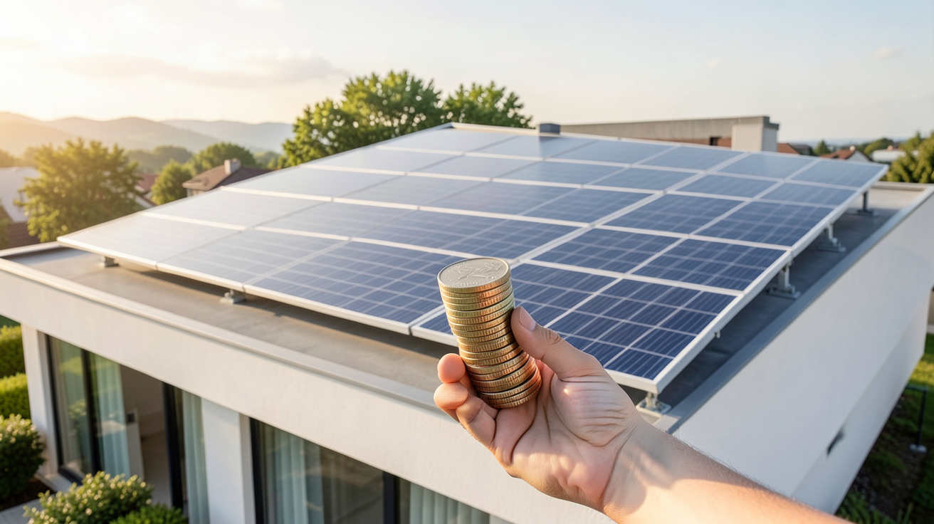prix installation photovoltaique 3kwc représenté par une pile de pièces devant des panneaux solaires sur toit