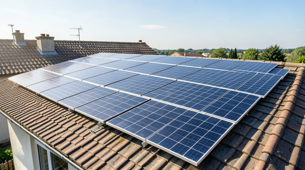 prix installation photovoltaique 6kw installation photovoltaïque de 6 kW sur un toit résidentiel avec panneaux solaires sous le soleil
