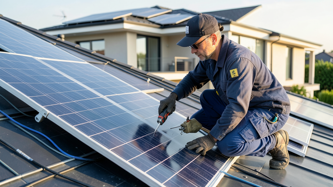 prix installation photovoltaïque 9 kWc : installateur professionnel posant sur un toit avec un panneau solaire 9 kWc en cours de pose