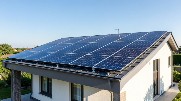 prix d'une installation photovoltaïque 9 kW sur le toit d'une maison moderne avec panneaux solaires noirs et bleus
