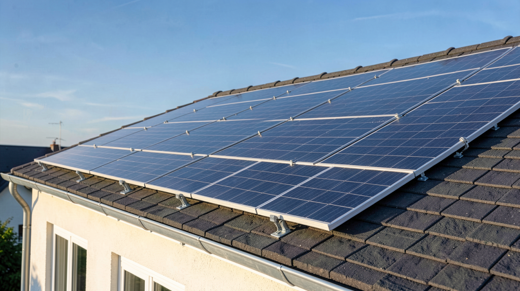prix installation photovoltaique au m2 d'un toit de maison équipé de panneaux solaires