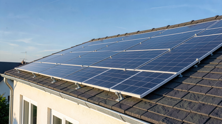 prix installation photovoltaique au m2 d'un toit de maison équipé de panneaux solaires
