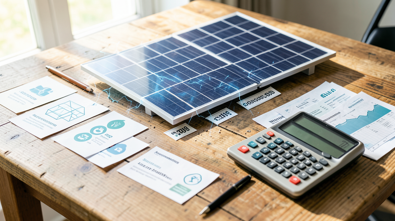 prix installation photovoltaïque autoconsommation décomposition des coûts avec éléments graphiques sur une table en bois