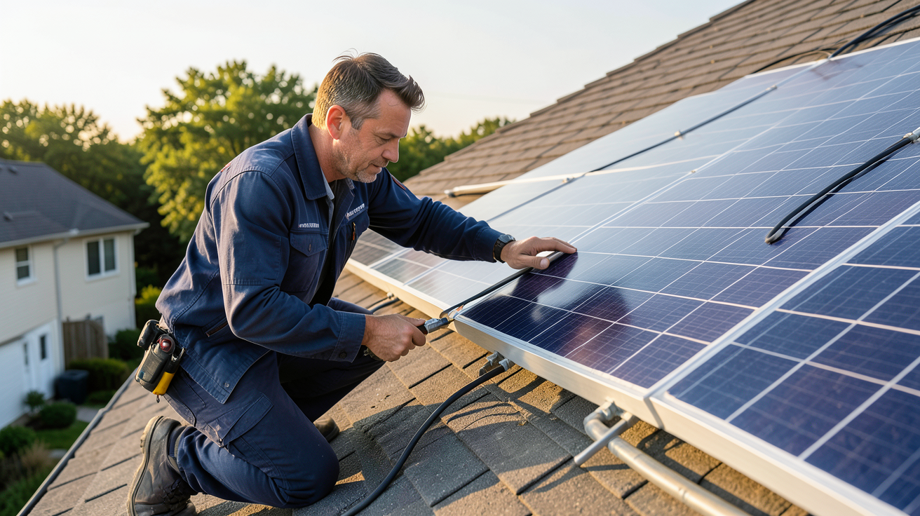 prix d'une installation photovoltaïque en autoconsommation : installateur ajustant des panneaux solaires sur un toit résidentiel