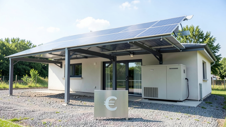 prix installation photovoltaique avec batterie montrant une installation résidentielle avec panneaux et batterie, symbole euro devant