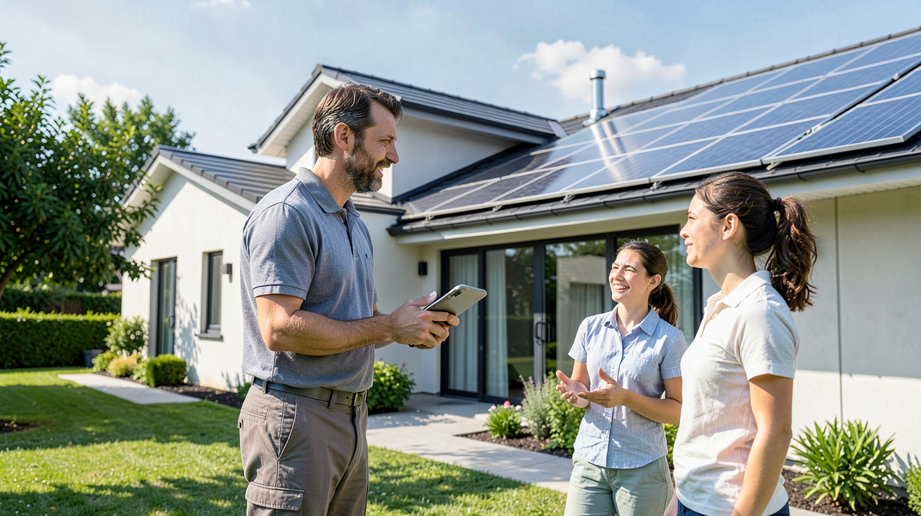 prix installation photovoltaique : un expert solaire discute des détails du projet avec des clients devant une maison équipée