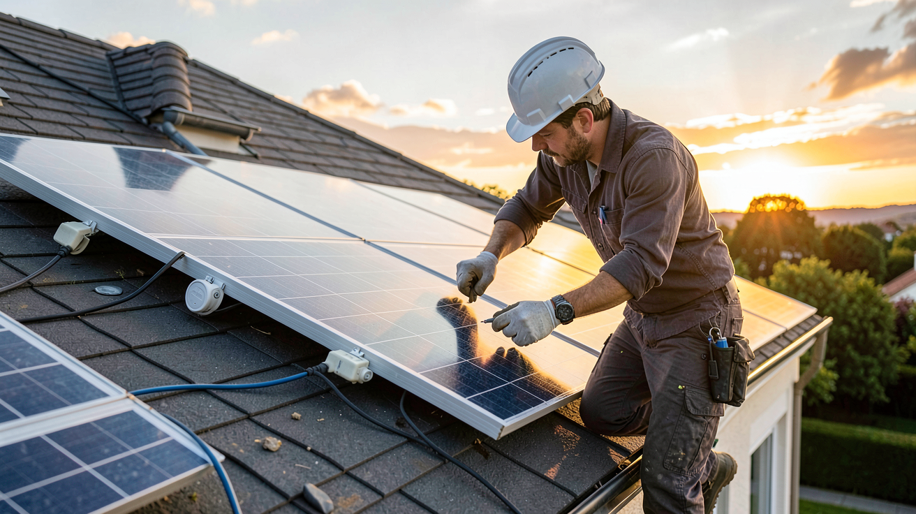 prix d'une installation photovoltaïque : technicien installant des panneaux solaires sur un toit de maison