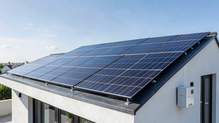 prix d'une installation photovoltaïque complète sur le toit d'une maison contemporaine avec panneaux solaires noirs