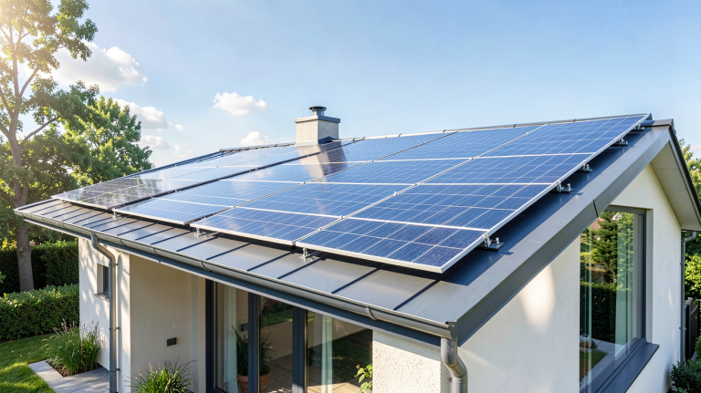 prix installation photovoltaique illustré par des panneaux solaires sur le toit d'une maison moderne