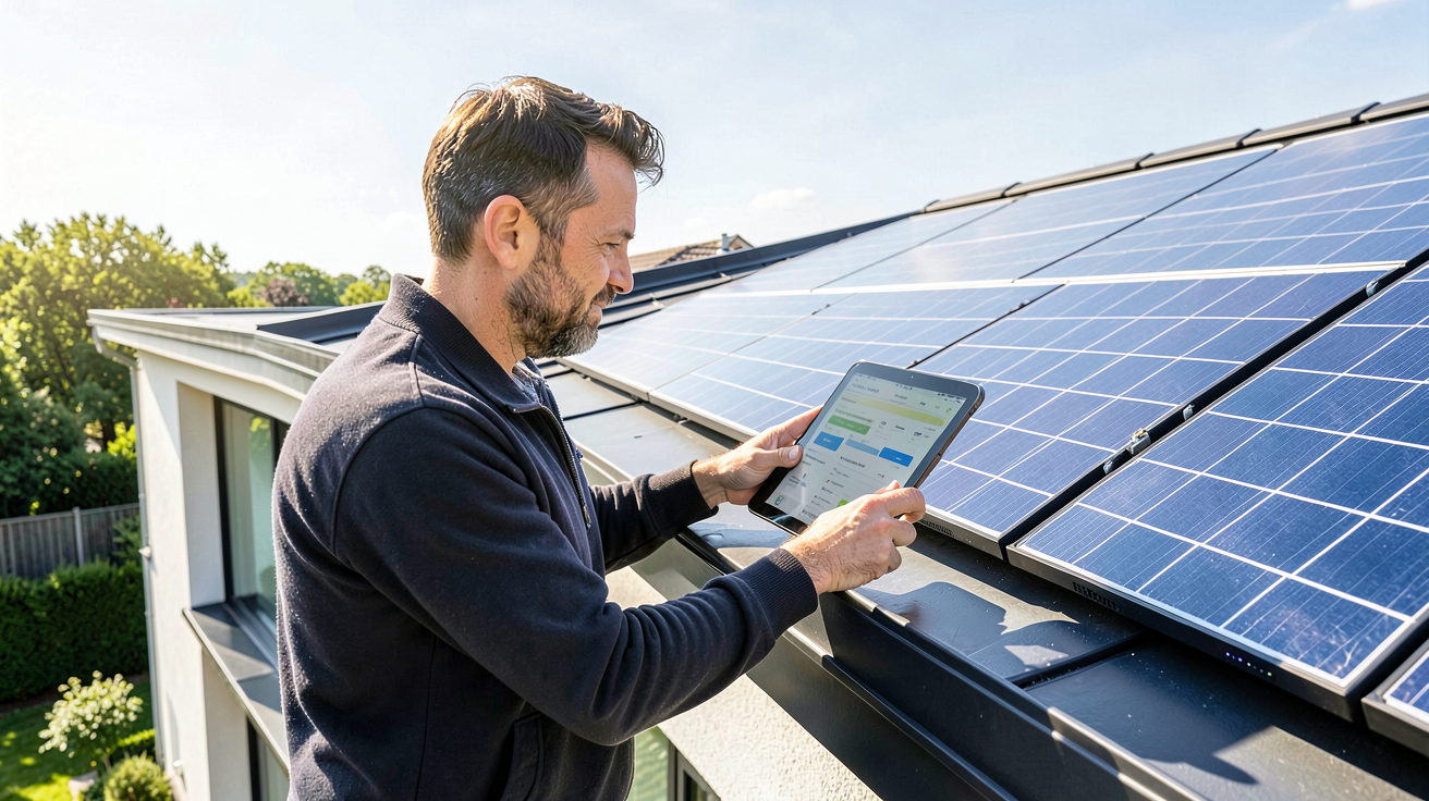 prix installation photovoltaique illustré par un technicien évaluant des panneaux solaires sur un toit