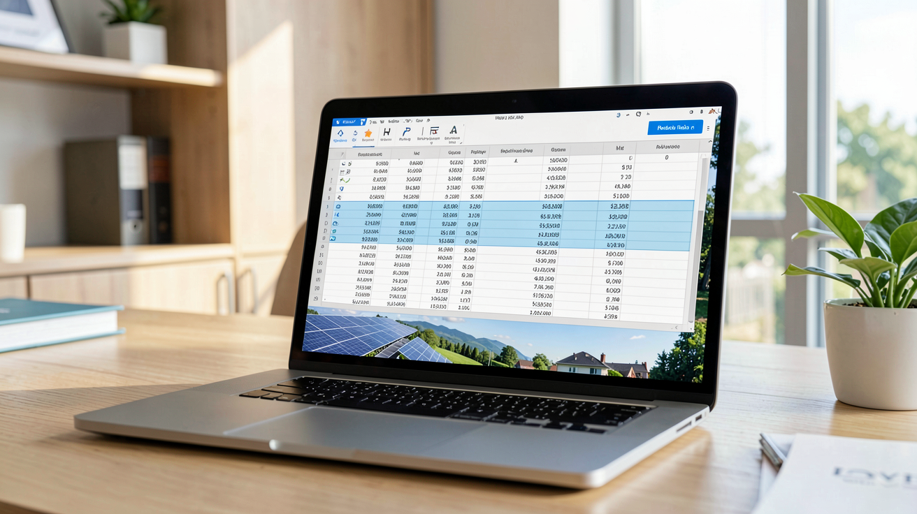 prix d'une installation photovoltaïque : calculs de rentabilité affichés sur un ordinateur portable dans un bureau moderne