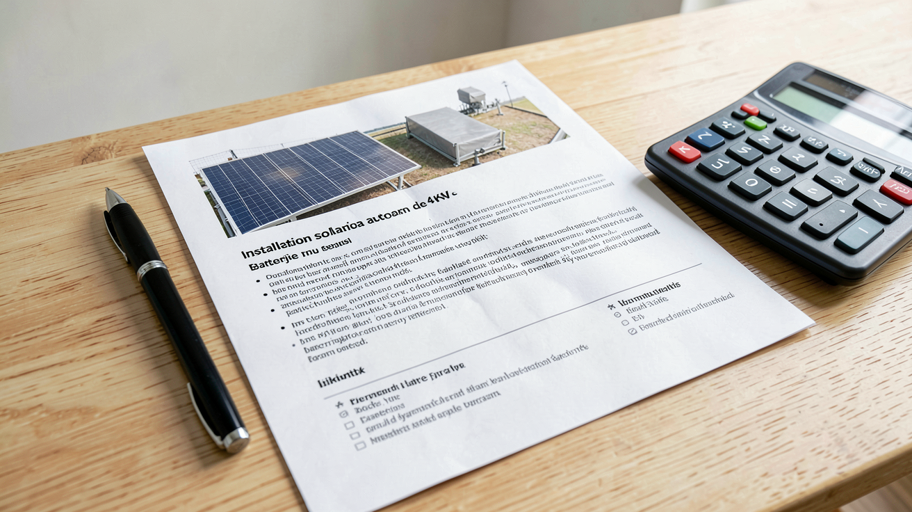 prix installation solaire autonome : devis détaillé pour une installation 4 kWc avec batterie lithium posé sur une table