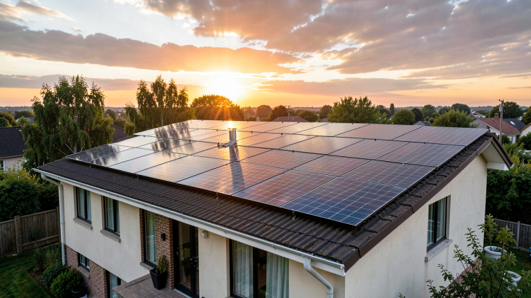 prix installation solaire autonome avec panneaux photovoltaïques noirs sur le toit d'une maison