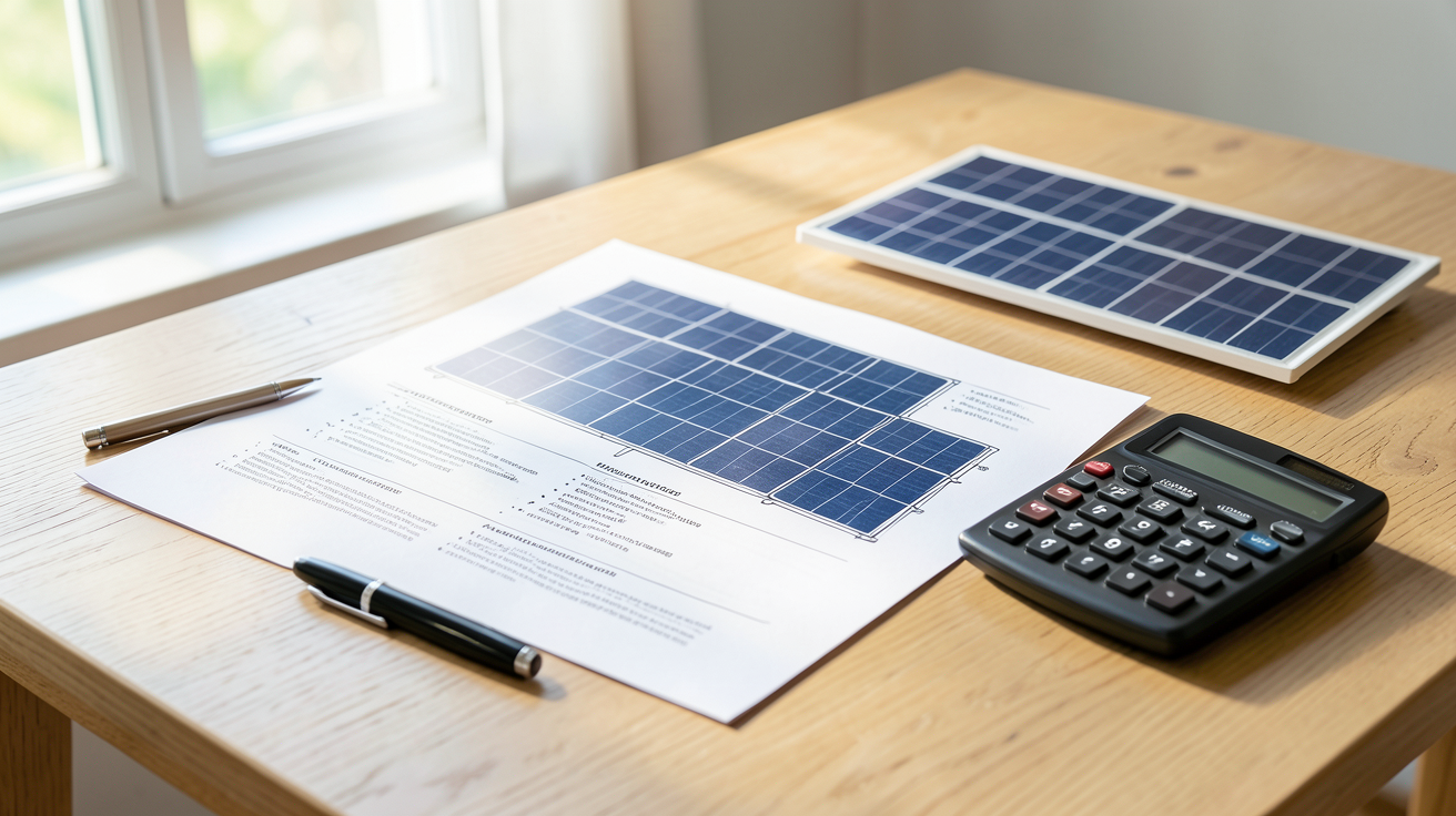 prix d'une installation solaire photovoltaïque illustré par un devis détaillé sur une table avec des panneaux solaires miniatures