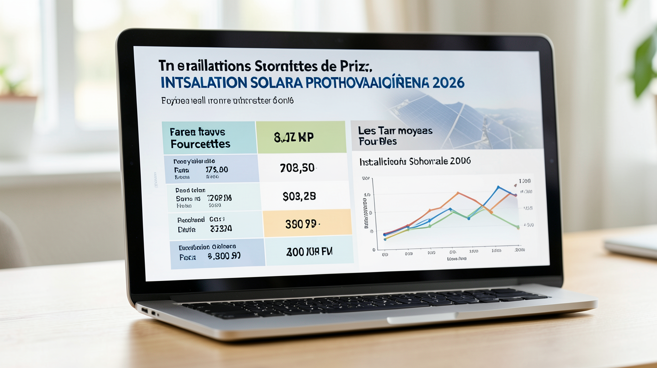 prix d'une installation solaire photovoltaïque en 2026 affichés sur un écran avec des tarifs moyens et fourchettes par puissance