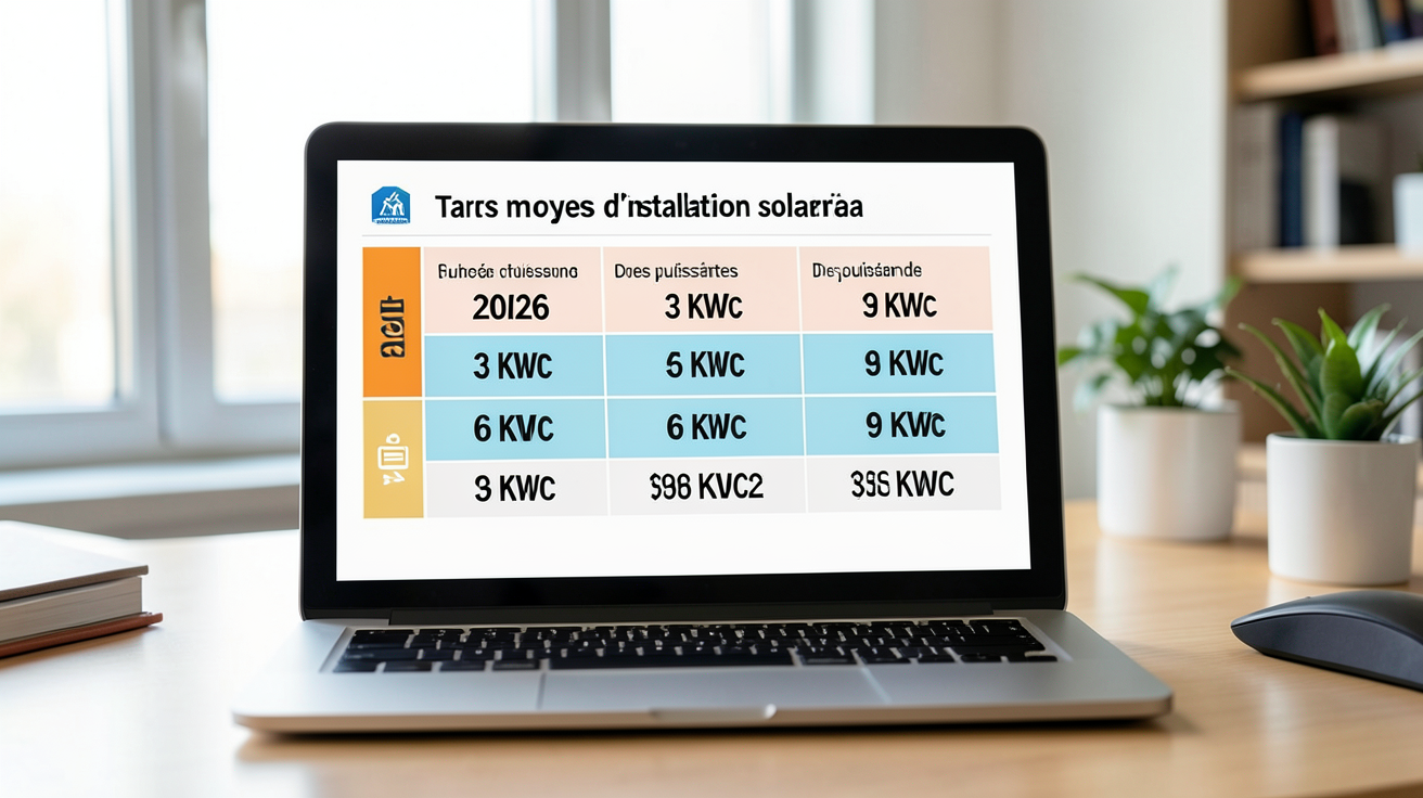 prix installation solaire affichant les tarifs moyens 2026 pour 3 kWc, 6 kWc et 9 kWc