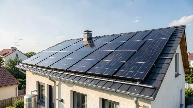 prix d'une installation solaire thermique avec panneaux solaires noirs sur le toit d'une maison