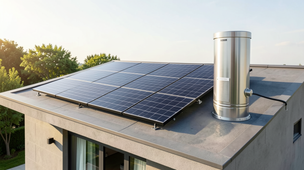 prix kit chauffe eau solaire installé sur le toit d'une maison moderne avec panneaux thermiques et ballon de stockage