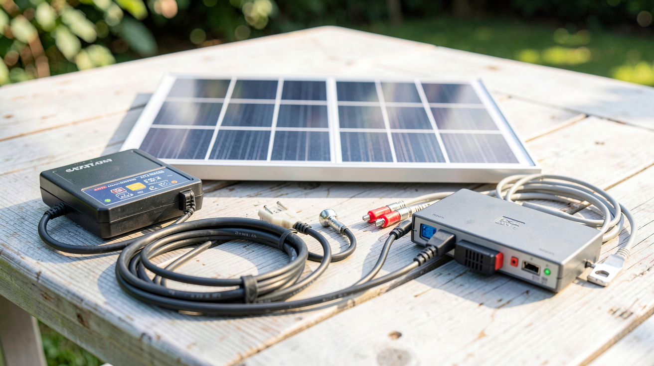 prix kit panneau solaire comparatif 2024 avec kit solaire complet et accessoires disposés sur une table en bois