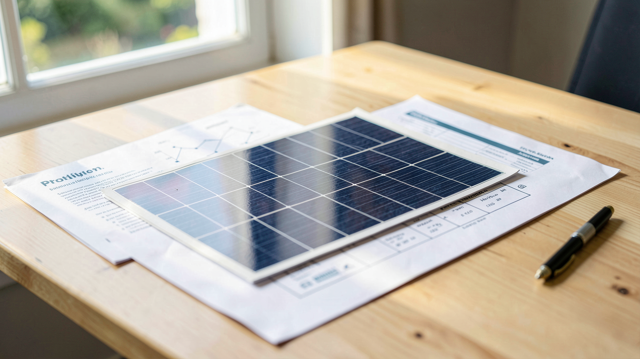 prix kit photovoltaïque affiché sur un devis avec des documents techniques et un stylo