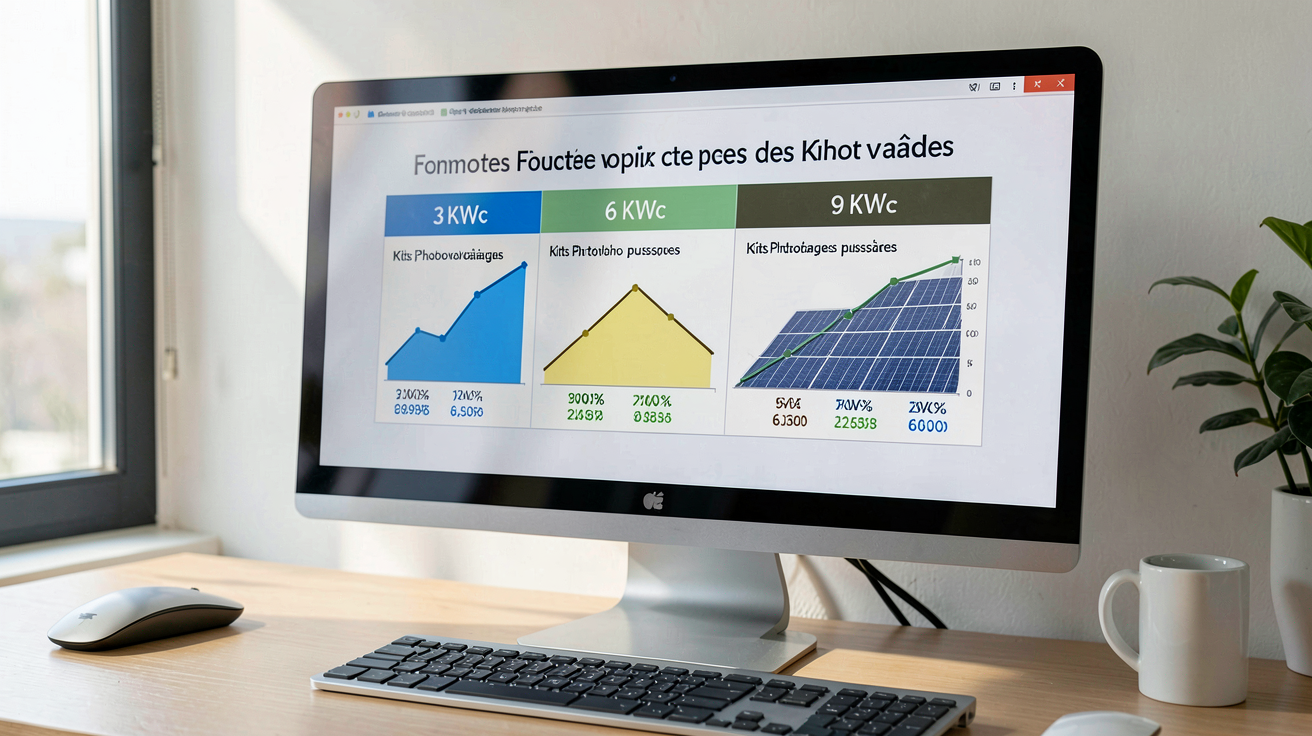 prix kit photovoltaique affichant les fourchettes de prix moyens par puissance (3 kWc, 6 kWc, 9 kWc)