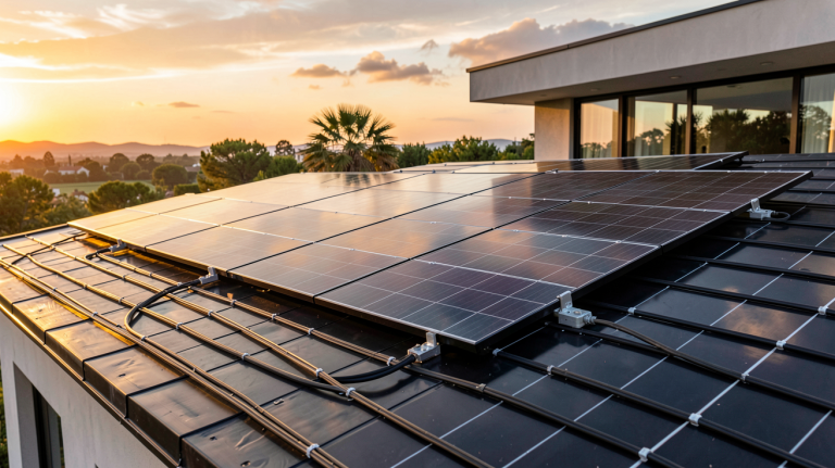 prix kit photovoltaique installation sur toit de maison contemporaine avec panneaux solaires noirs et lumière naturelle
