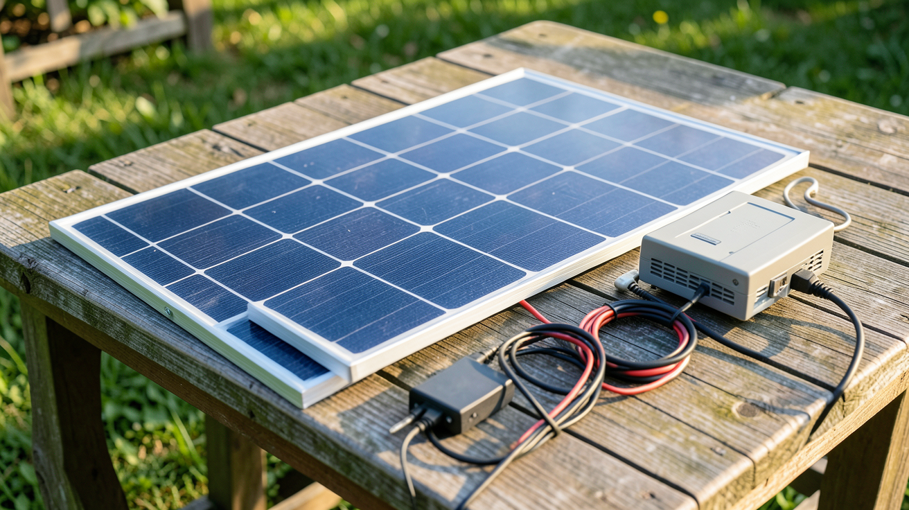 prix d un kit solaire photovoltaique : kit solaire photovoltaïque complet avec panneaux, onduleur et accessoires posé sur une table en bois extérieur