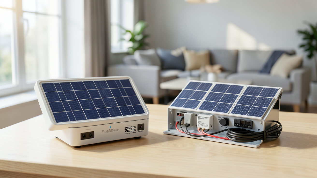 prix d un kit solaire photovoltaique comparaison entre kit Plug&Play et kit d'autoconsommation sur une table en bois clair