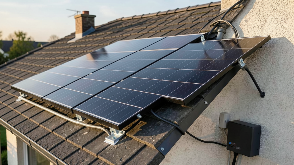 prix d un kit solaire photovoltaique installé sur le toit d'une maison individuelle avec panneaux noirs et onduleur