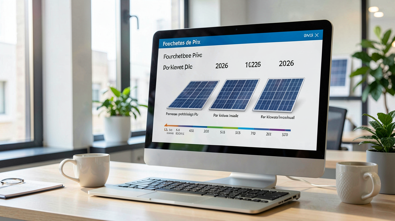 prix kw panneaux photovoltaiques fourchettes 2026 affichées sur écran d'ordinateur