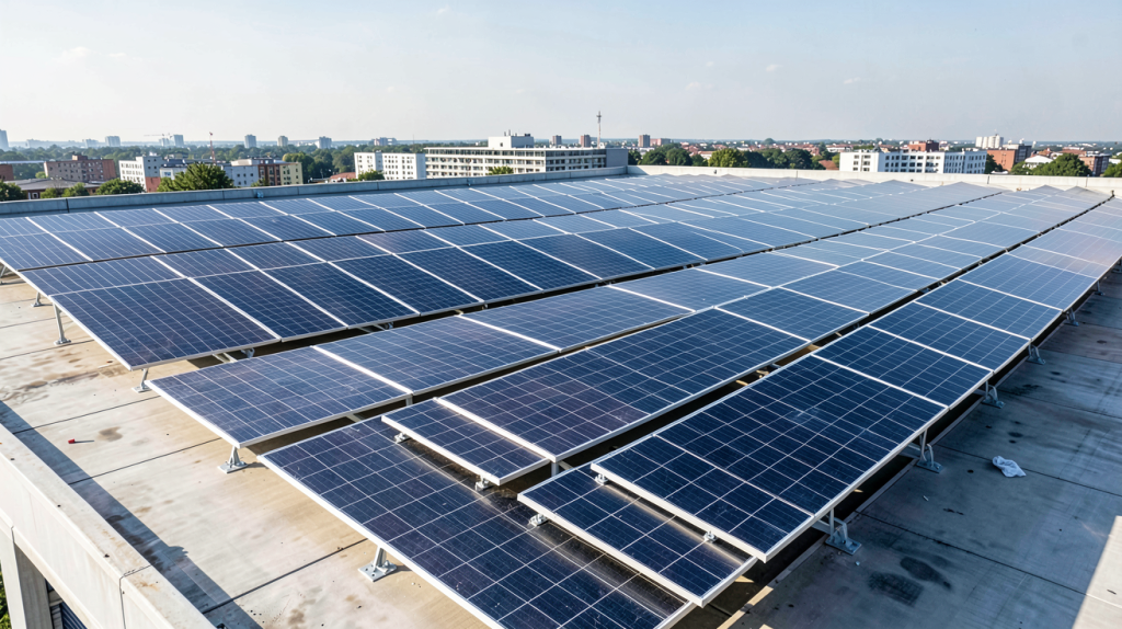 prix kw panneaux photovoltaiques montrés sur une installation solaire moderne avec un fond clair et des panneaux photovoltaïques sous le soleil, optimisé SEO.