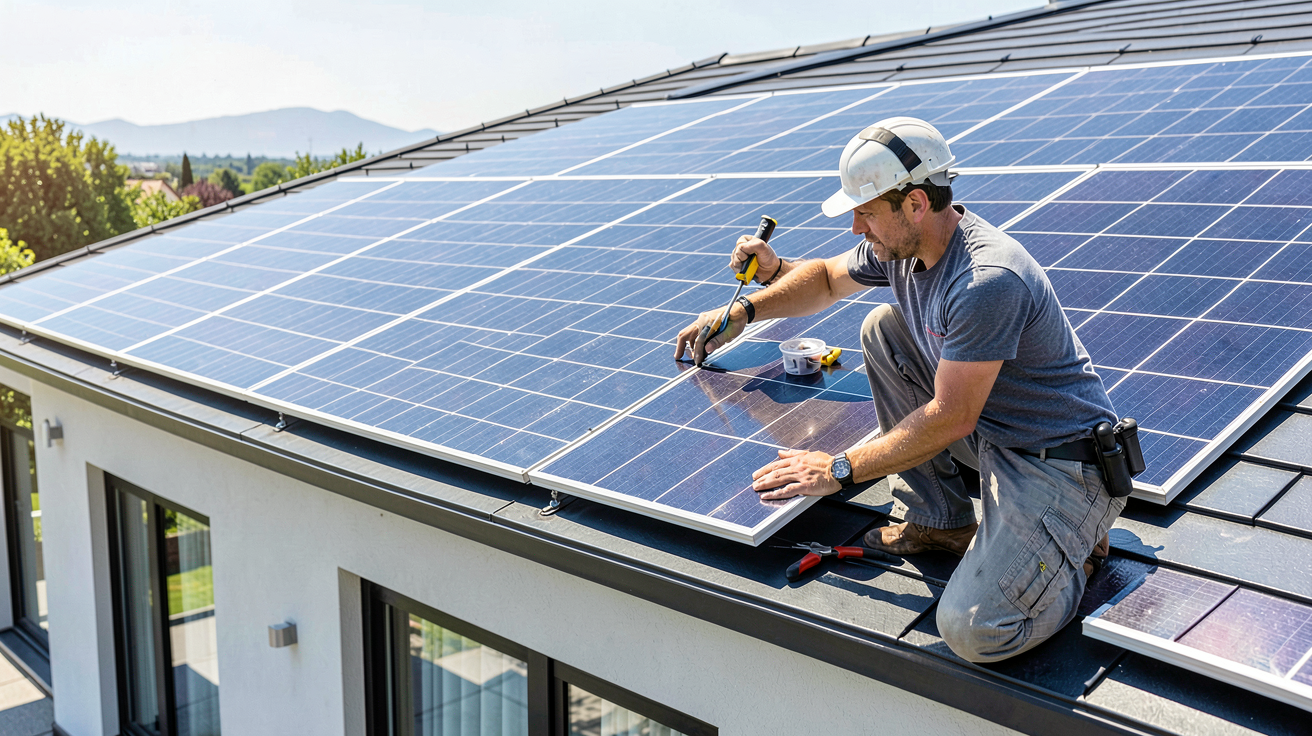 prix kw solaire représenté par l'installation de panneaux photovoltaïques haut de gamme sur un toit moderne.