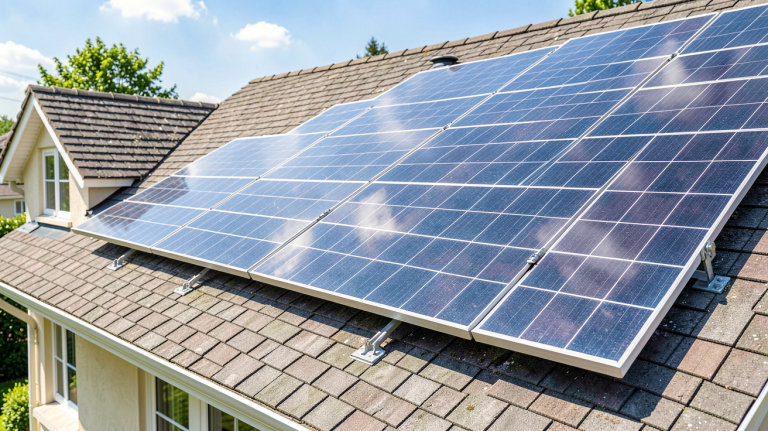 prix kw solaire panneaux photovoltaïques installés sur un toit résidentiel, lumineux et détaillé