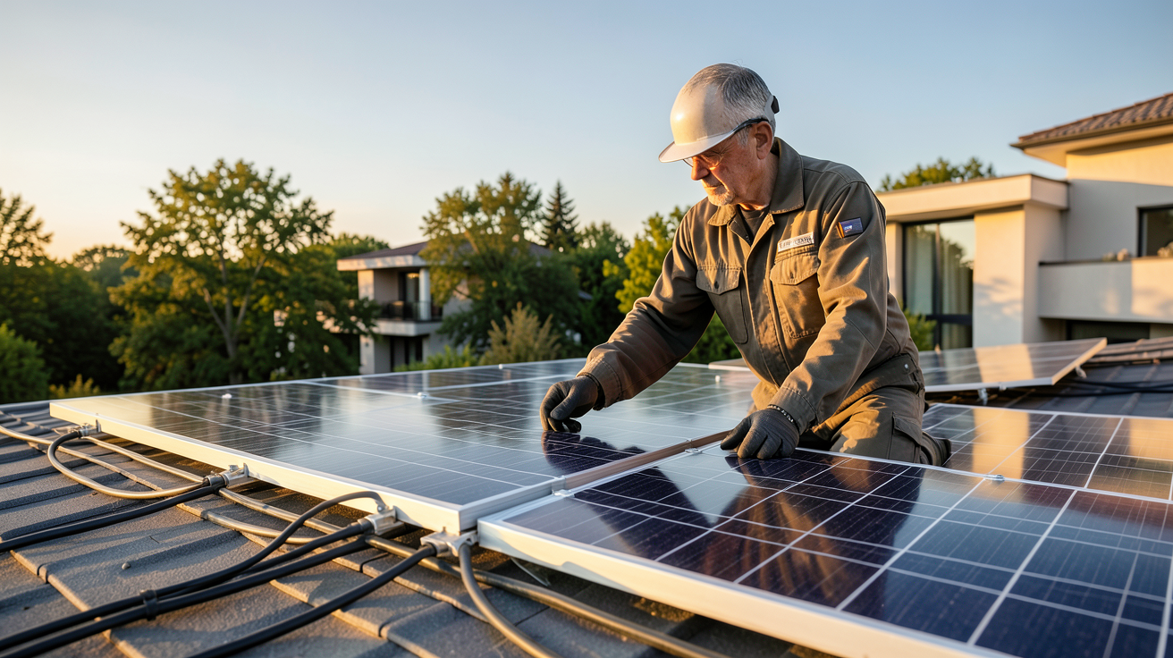 prix kwc photovoltaique facteurs de variation illustrés par un installateur ajustant des panneaux solaires sur un toit