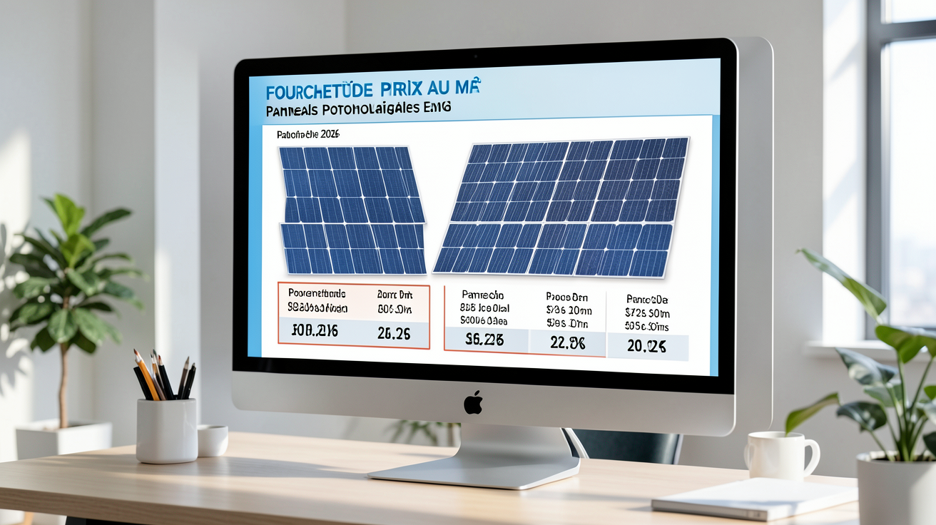 prix m2 panneau photovoltaïque tableau comparatif fourchettes 2026 affiché sur écran professionnel