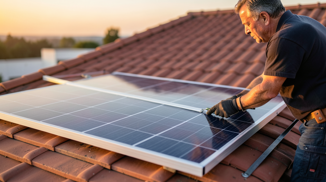 prix m² panneau solaire 2026 : installation d'un panneau photovoltaïque monocristallin sur un toit résidentiel