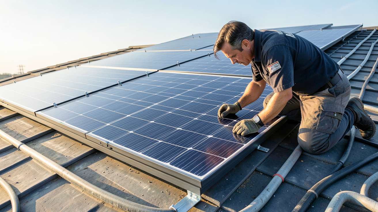 prix m2 panneau solaire thermique chantier de pose avec professionnel ajustant les fixations sur un toit