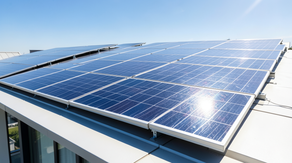 prix m2 panneau solaire thermique illustré par une installation de panneaux sur un toit résidentiel.