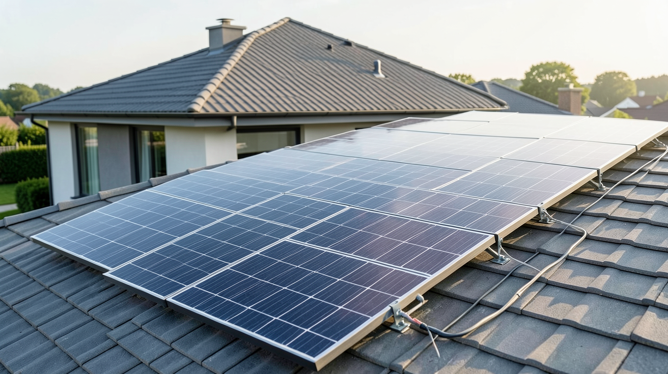 prix m2 photovoltaique panneaux solaires installés sur un toit de maison moderne en 2026