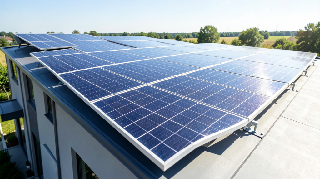 prix m2 photovoltaique illustré par des panneaux solaires installés sur une toiture résidentielle moderne